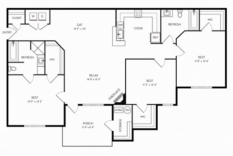 1349 Square-Feet 3 Bedrooms and 2 Bathrooms A Floor Plans at Stone Gate Apartments, North Carolina, 28390